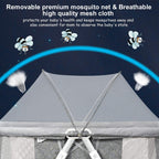 Mosquito net over a crib with text highlighting its features.