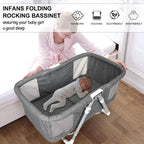 Infants folding rocking bassinet with baby sleeping, product features listed.