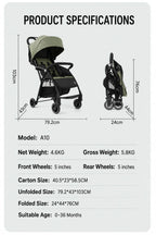 Product specifications diagram for A10 Lightweight stroller, showing unfolded and folded views with dimensions, plus model details including A10, net weight 4.6KG, gross weight 5.