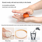  kneading  play dough with text about its properties and ingredients.