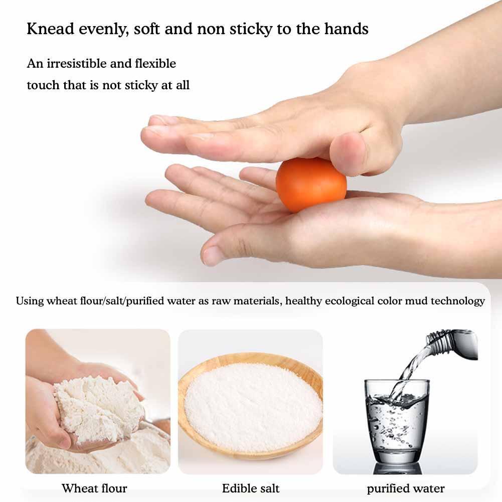  kneading  play dough with text about its properties and ingredients.