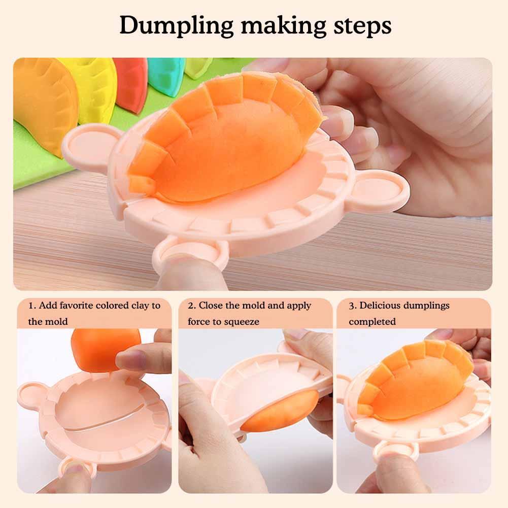 Step-by-step guide on making dumplings using a mold with gourmet play dough set.
