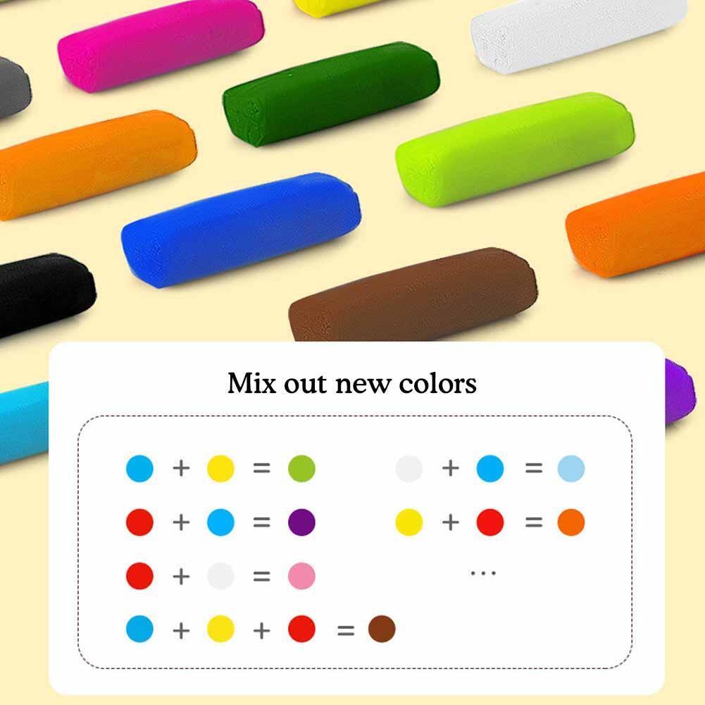 Colorful crayons on a beige background with a color mixing chart.