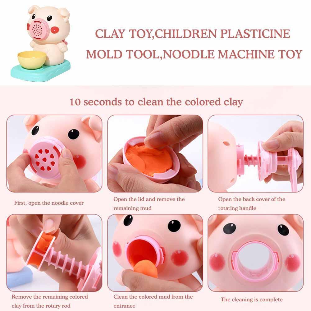 Children's plasticine mold tool with cleaning instructions and a gourmet  pig-shaped toy.