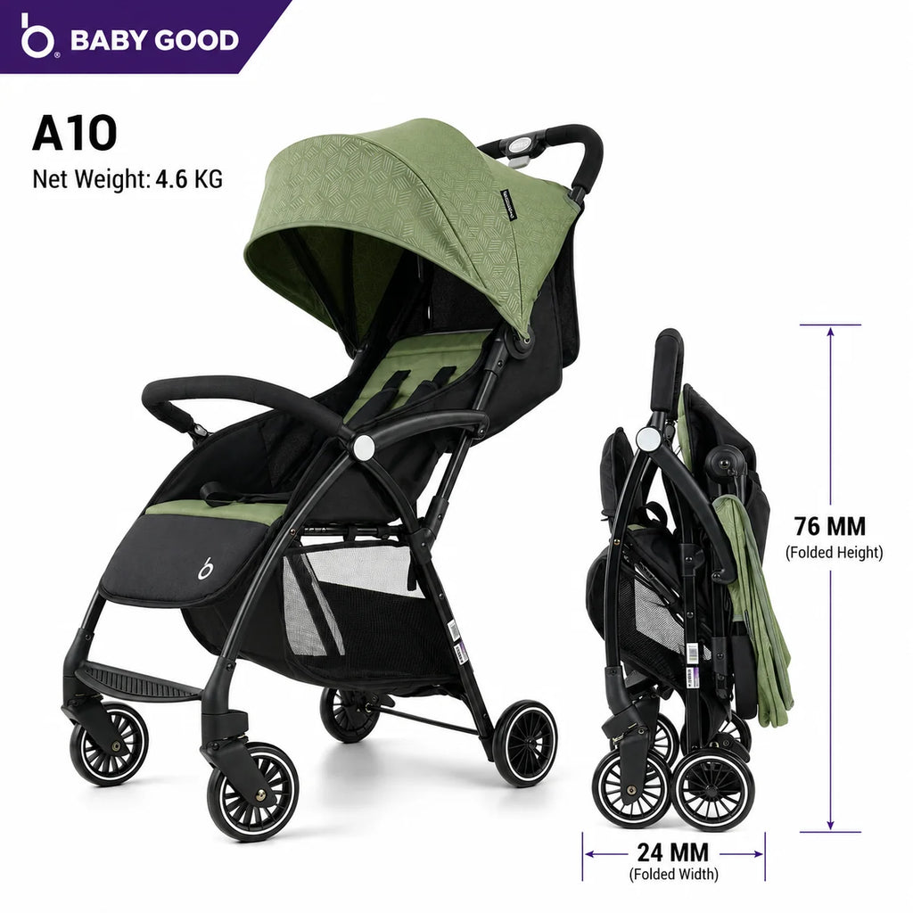 A10 Lightweight Baby stroller shown in two views on a white background: one unfolded and one folded. The stroller has a light olive green canopy and seat trim with a black frame and black interior.