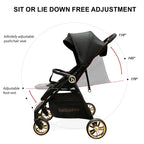 Black stroller easy foldable lightweight  with adjustable seat and footrest.