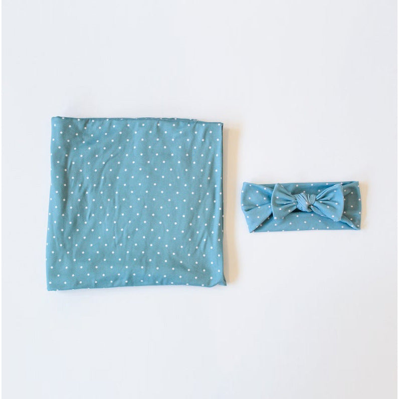 Blue polka dot headband and wrap blanket swaddle.