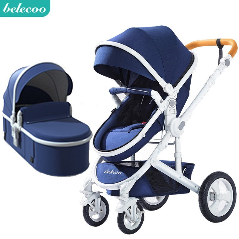 Blue baby stroller and bassinet with white frame and orange handles  featuring the belecoo brand.