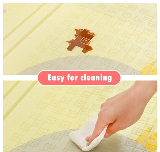 Yellow mat with a hand cleaning it, text 'Easy for cleaning' displayed.