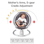 Baby swing with 5-gear cradle adjustment feature and a sleeping baby inside.