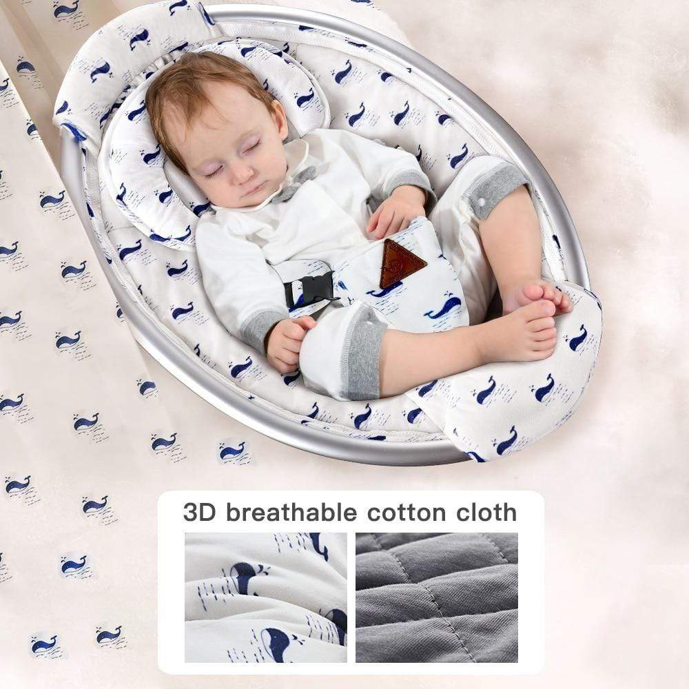 Baby sleeping in a circular baby nest with 3D breathable cotton cloth, surrounded by similar nests.