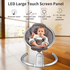 Baby in a gray baby swing with LED large touch screen panel features displayed.