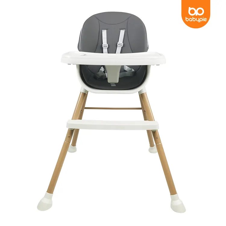 High chair with gray seat and white tray.
