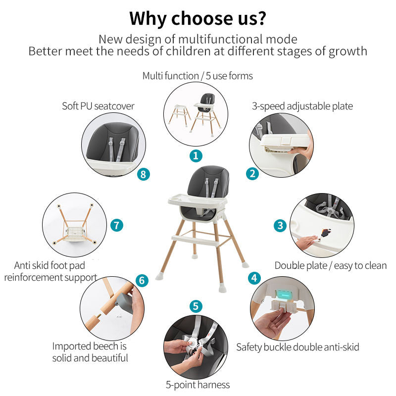 Multifunctional high chair with features.
