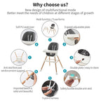 Multifunctional high chair with features.
