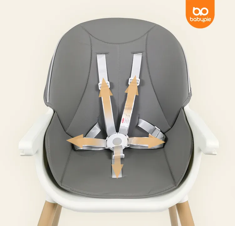 Gray high chair with safety harness 