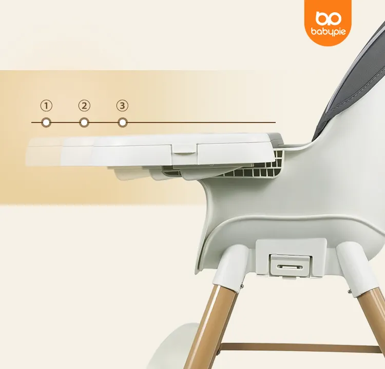 High chair with adjustable tray and 'bo babycare' logo on a beige 