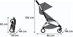 Measurement chart of a baby stroller with dimensions labeled.