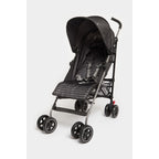 Black stroller with patterned seat 