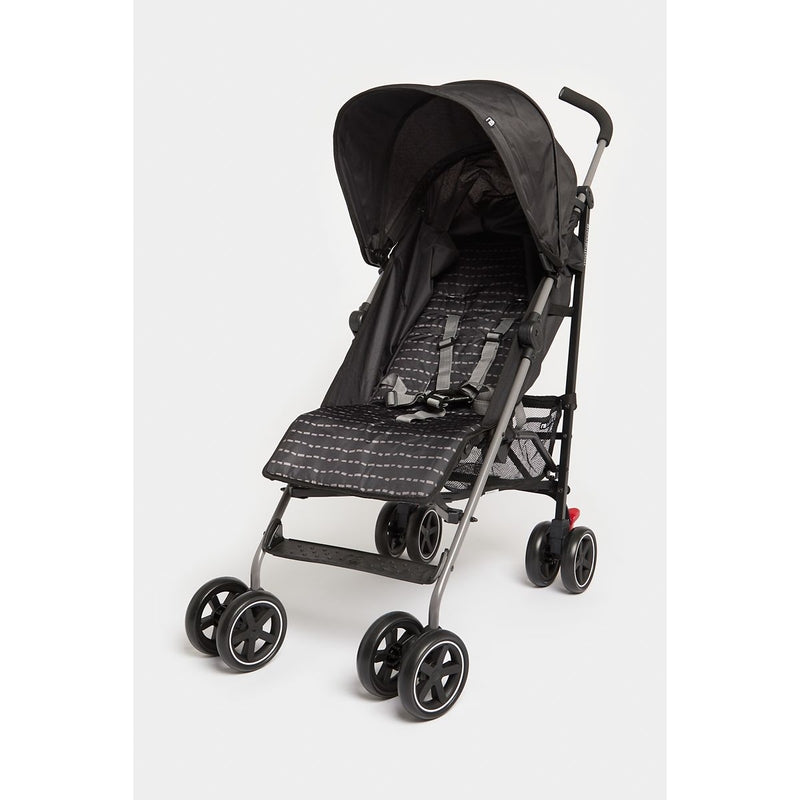 Black stroller with patterned seat 