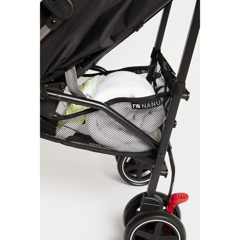 Black stroller with a mesh storage bag 