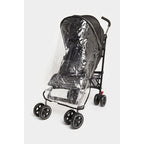Black stroller with a clear rain cover.