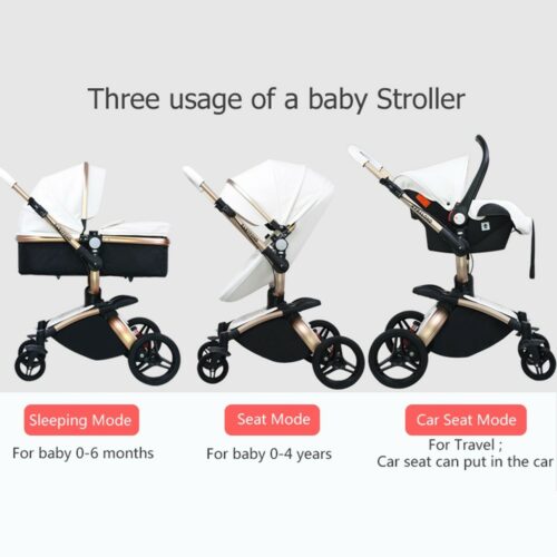 LuxuryBabyStroller3in1FashionCarriageGoldFramePramBaby stroller showing three usage modes .