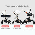 LuxuryBabyStroller3in1FashionCarriageGoldFramePramBaby stroller showing three usage modes .