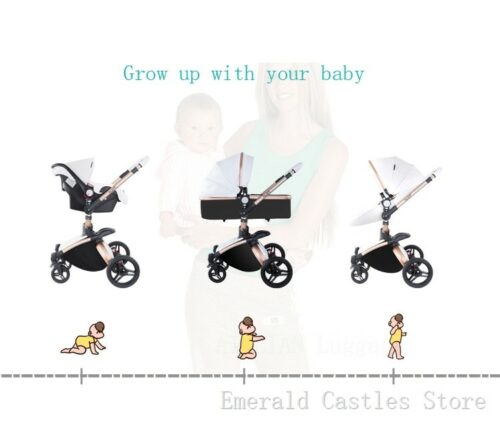 Baby stroller with multiple configurations and illustrations of a baby growing up.
