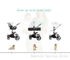 Baby stroller with multiple configurations and illustrations of a baby growing up.