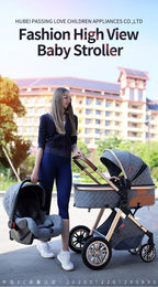 Woman pushing a  light weight European baby stroller with a high-view design, standing next to it.