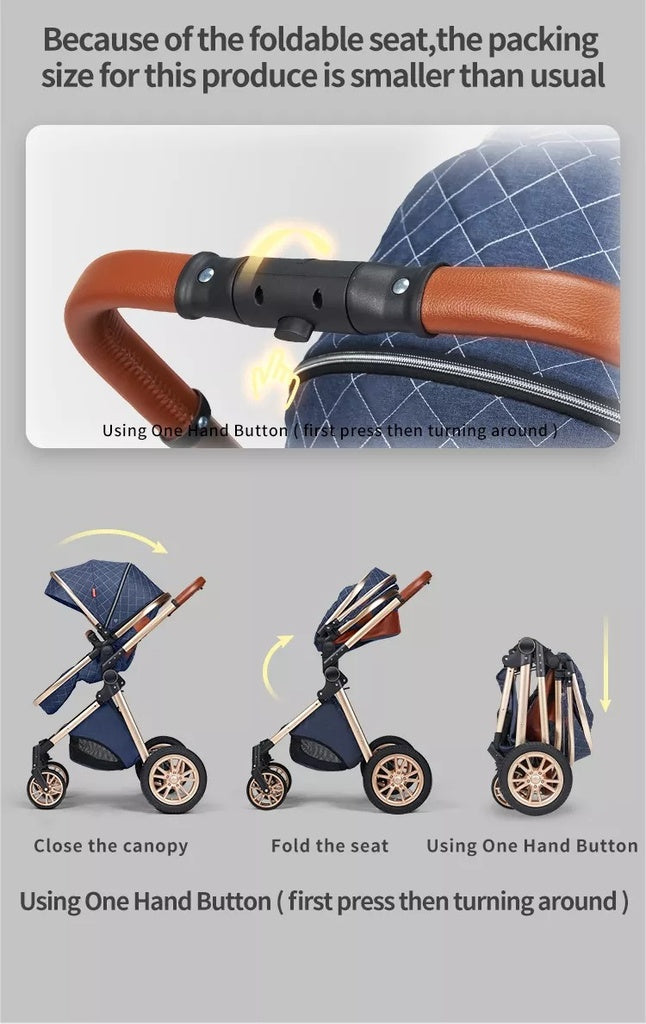 Foldable stroller with instructions on how to use the foldable seat feature.
