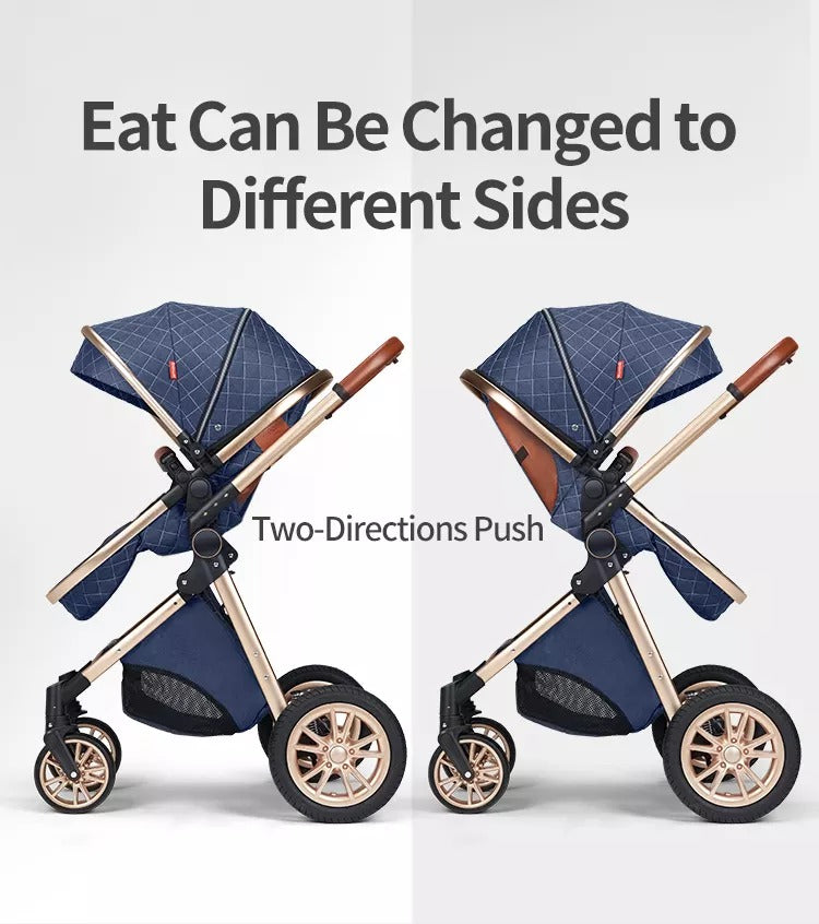 Blue light weight multifunctional  baby stroller with text indicating it can be changed to different sides and two-directions push.