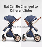 Blue light weight multifunctional  baby stroller with text indicating it can be changed to different sides and two-directions push.