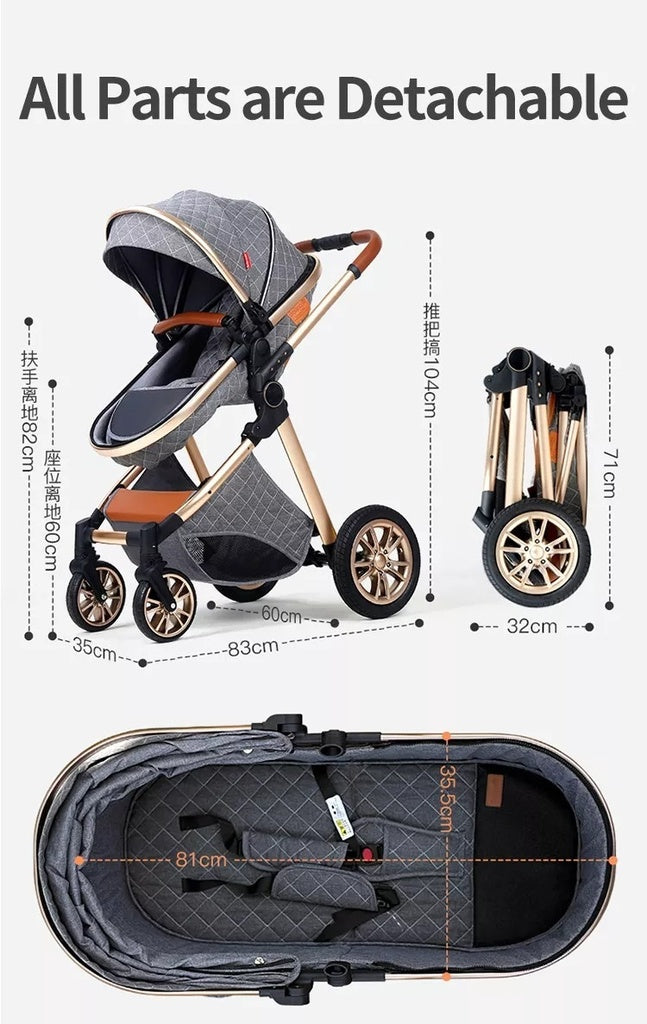 Baby stroller with detachable parts shown with measurements .