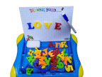 Children's drawing board with magnetic letters and colorful base.