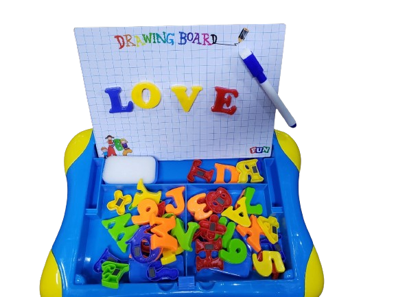 Children's drawing board with magnetic letters and colorful base.
