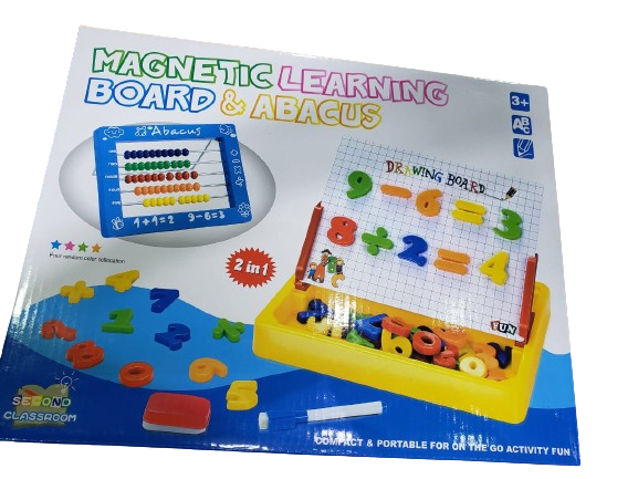 Box of a magnetic learning board and abacus toy set with colorful graphics.