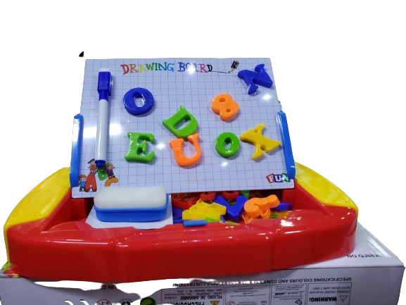 Children's magnetic drawing board with letters and numbers .