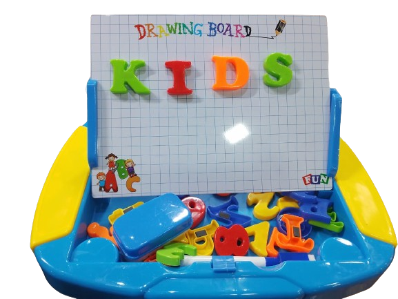 Toy drawing board with magnetic letters and colorful base .