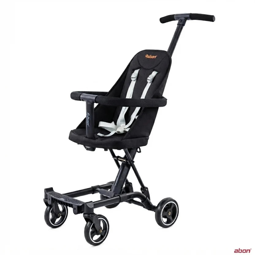 A black Abon  Convertible rider l LT stroller travel system with a high-angled seat, white safety harness straps, and a black push handle.