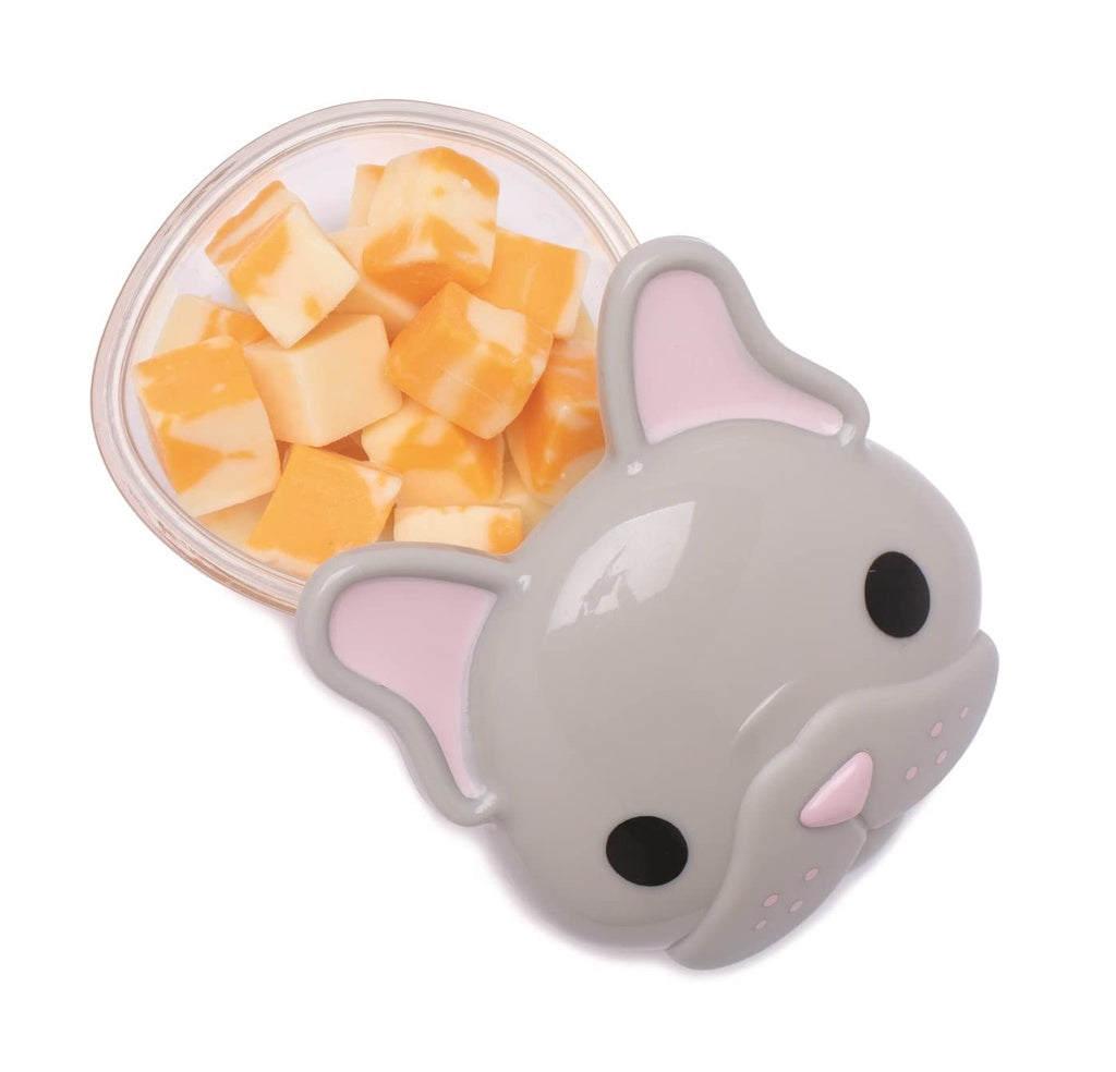 Gray cat-shaped container with a lid filled with fruit .