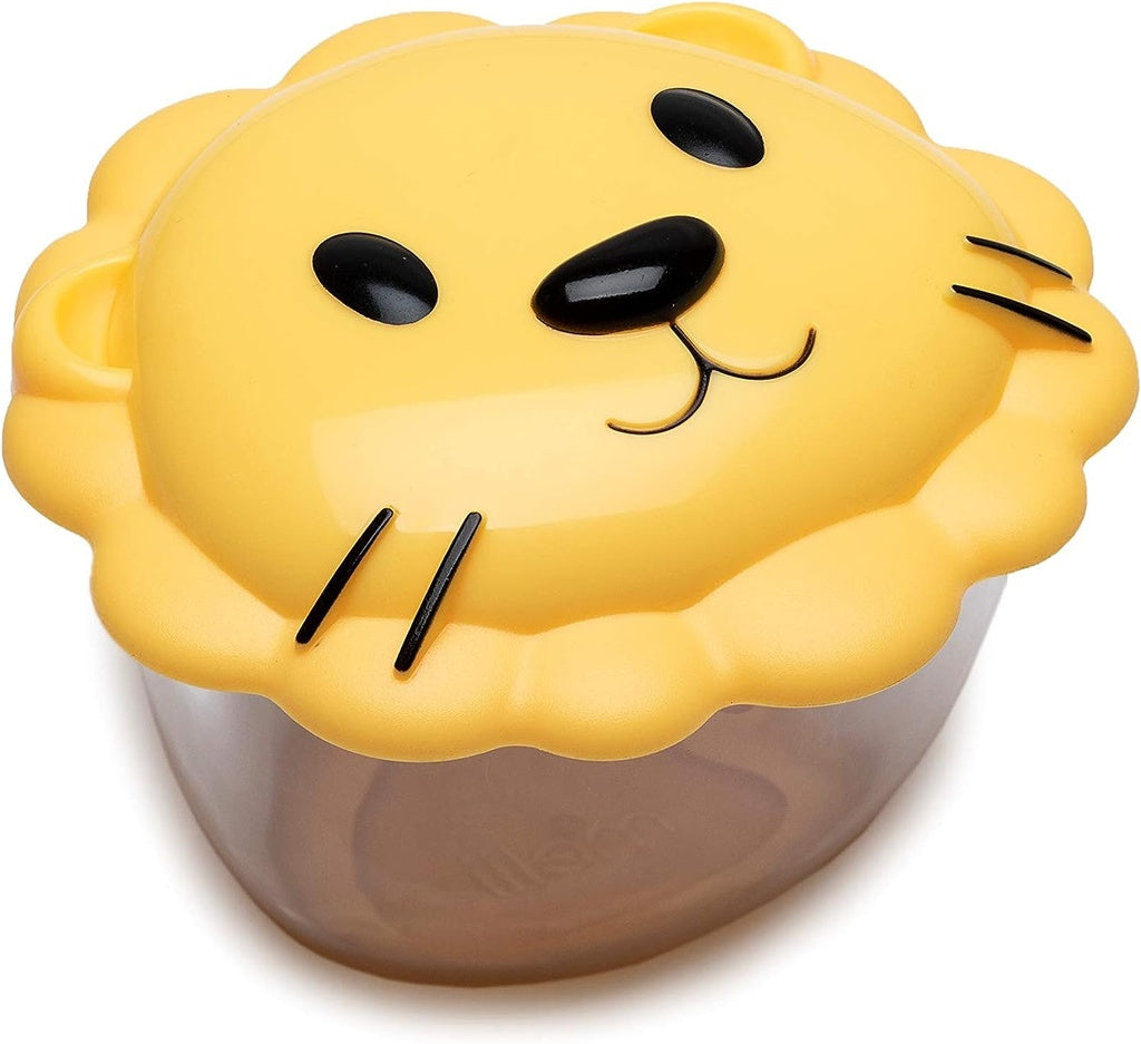 Yellow lion-shaped  Melii snack container with a clear base .