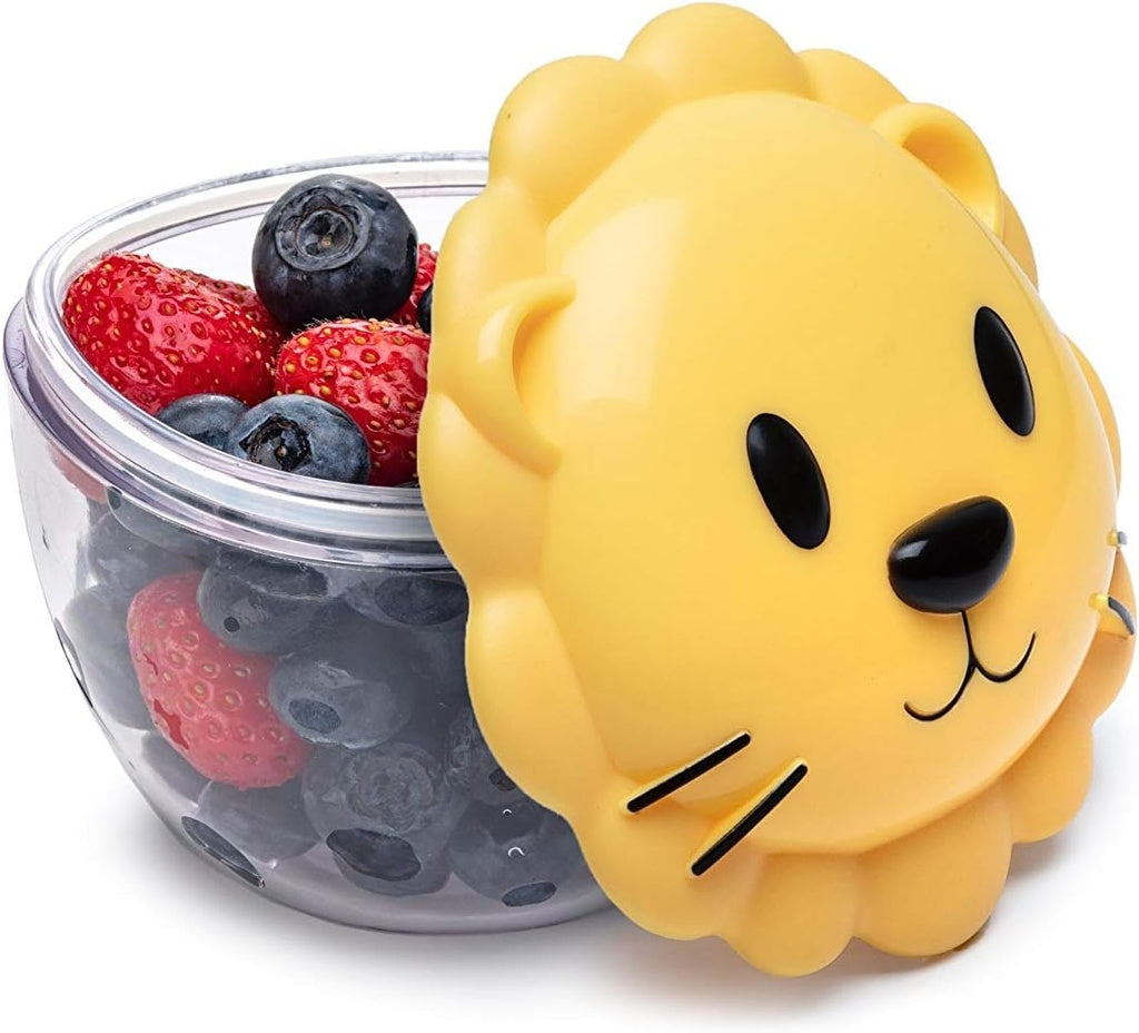 Clear Melii container with berries and a yellow lion-shaped lid .