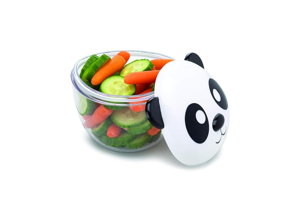 Panda-shaped Melii container with a lid filled with sliced vegetables .