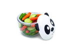 Panda-shaped Melii container with a lid filled with sliced vegetables .