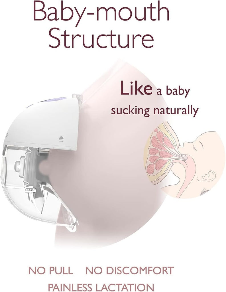 Diagram of a breast pump labeled 'Baby-mouth Structure' with text about natural sucking and lactation.