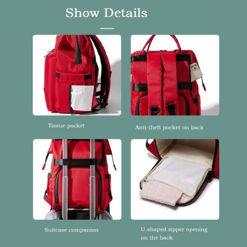 Multifunctional Red backpack with various features highlighted .