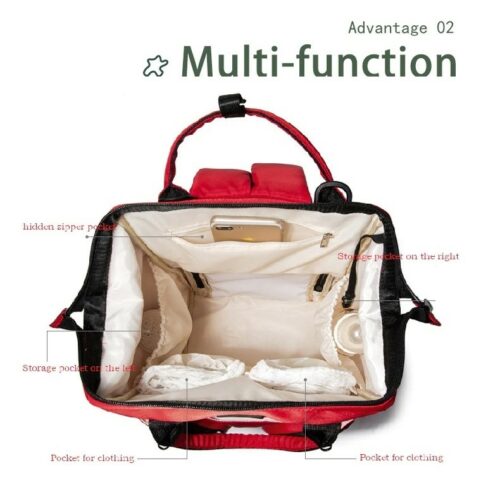 Red and black multi-function bag with labeled compartments .