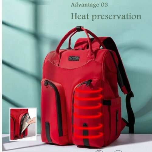 Multifunctional Red backpack with heat preservation features.